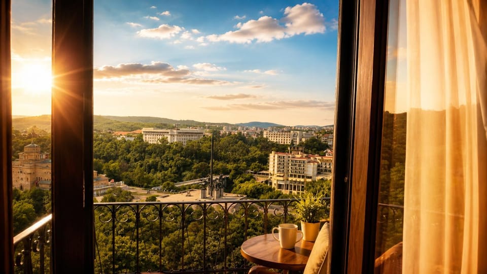 Property building, Nearby landmark, Natural landscape, View (from property/room), Balcony/Terrace, Balcony/Terrace, City view, Mountain view, River view, Sunset