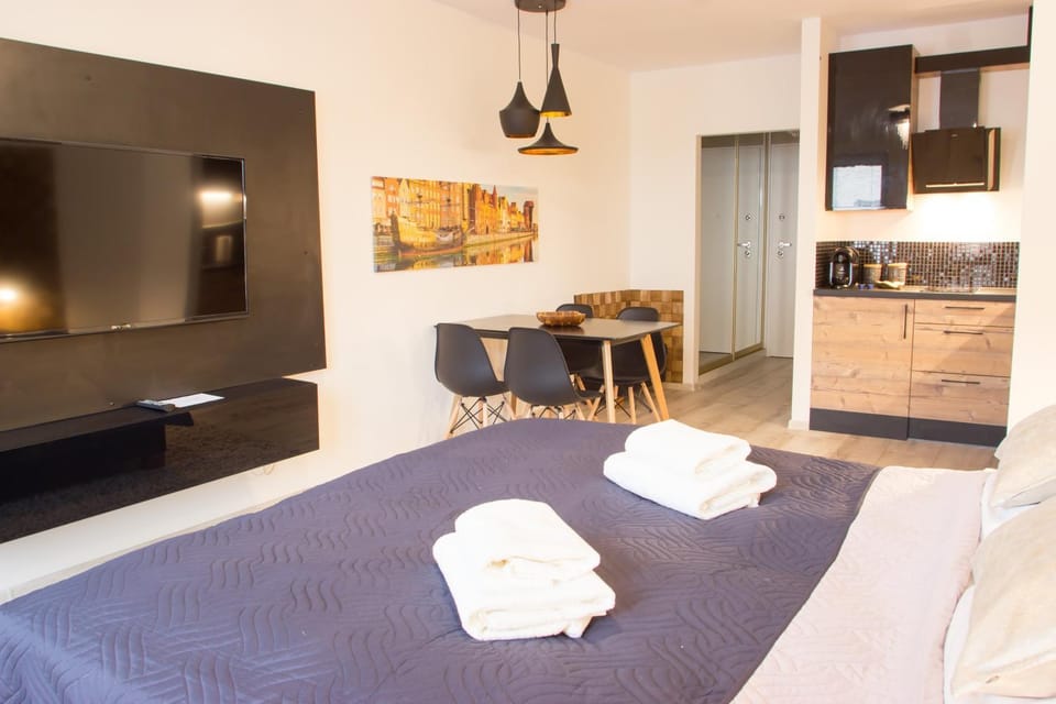 Bed, Bathroom, Coffee/tea facilities, Kitchen or kitchenette, Photo of the whole room, Dining area, Bedroom, City view, Landmark view, Street view