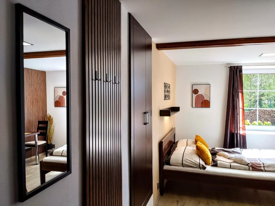 Bed, wardrobe