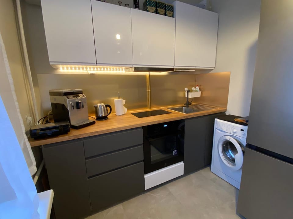Kitchen or kitchenette, oven, toaster, washing machine