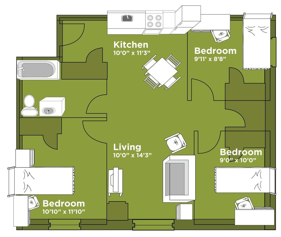 Toilet, Kitchen or kitchenette, Living room, Seating area, Floor plan, Dining area, Bedroom