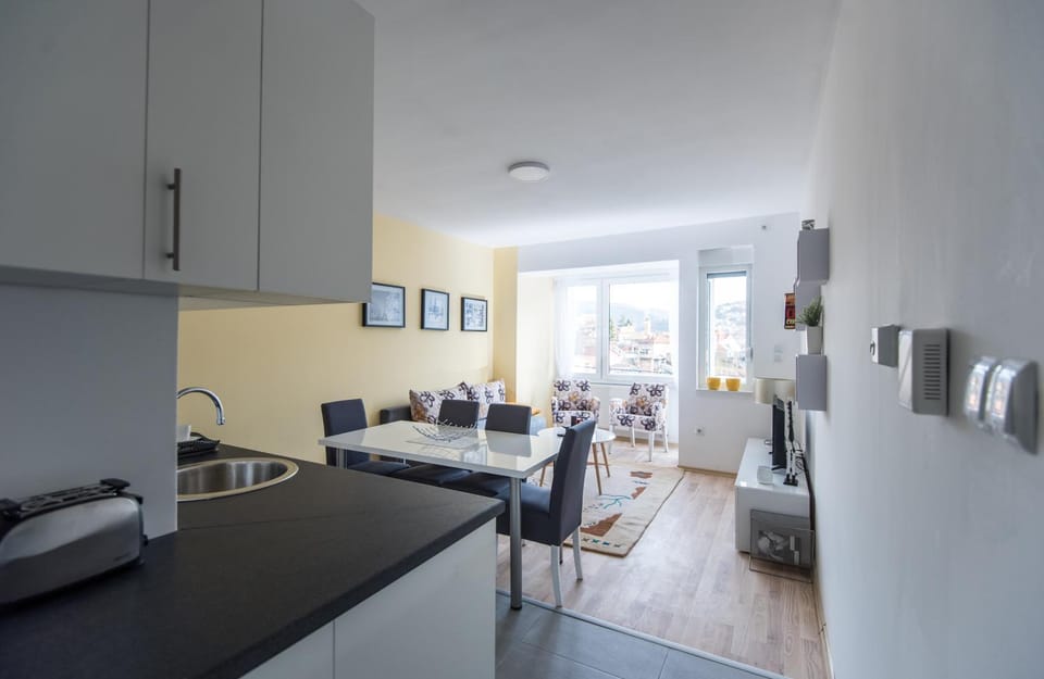 View (from property/room), Kitchen or kitchenette, Living room, Photo of the whole room, Decorative detail, Seating area, Dining area, City view, Mountain view, Street view