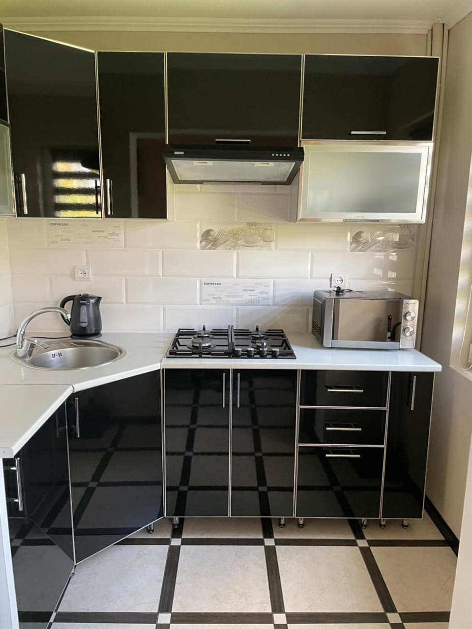 Kitchen or kitchenette, stove
