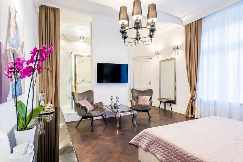 Bed, Bathroom, TV and multimedia, View (from property/room), Photo of the whole room, Decorative detail, Seating area, Bedroom, City view