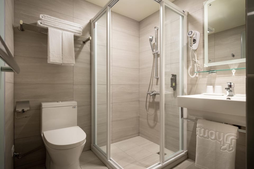 Shower, Toilet, Bathroom, bidet, hair dryier, towels