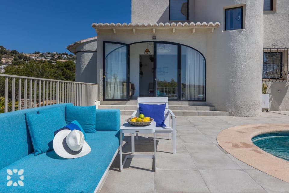 Property building, Patio, Day, Natural landscape, View (from property/room), Balcony/Terrace, Living room, Seating area, Pool view, Swimming pool, sunbed