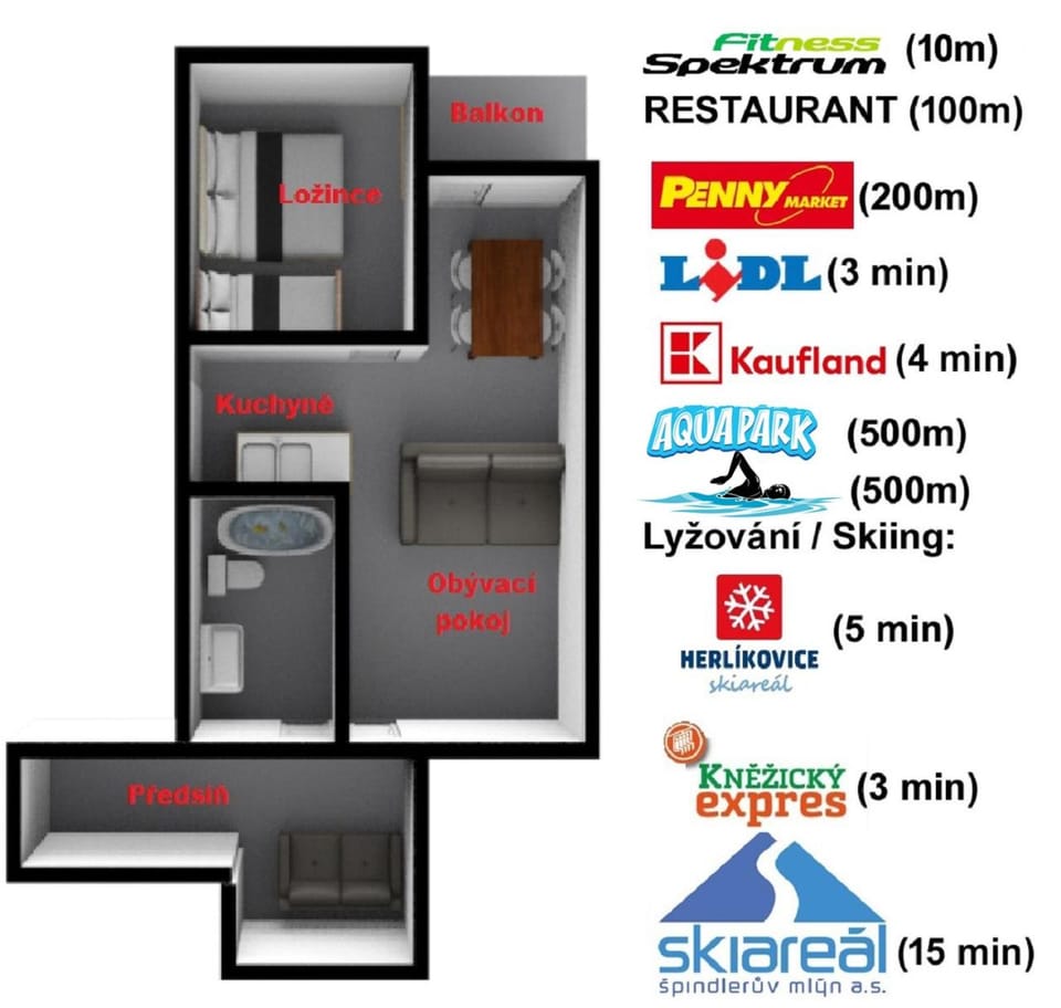 Nearby landmark, Restaurant/places to eat, Children play ground, Ski School, Skiing, Balcony/Terrace, Fitness centre/facilities, Floor plan, Aqua park, Hiking, Kids's club, Supermarket/grocery shop, Sports, Bath, washing machine