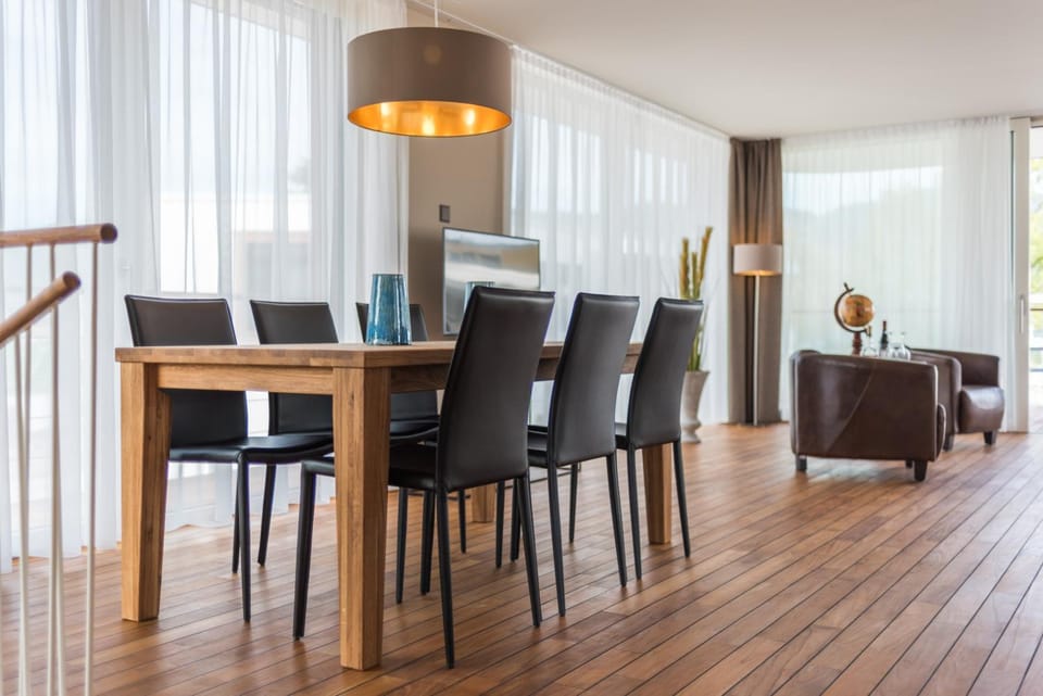 Living room, Seating area, Dining area, Lake view