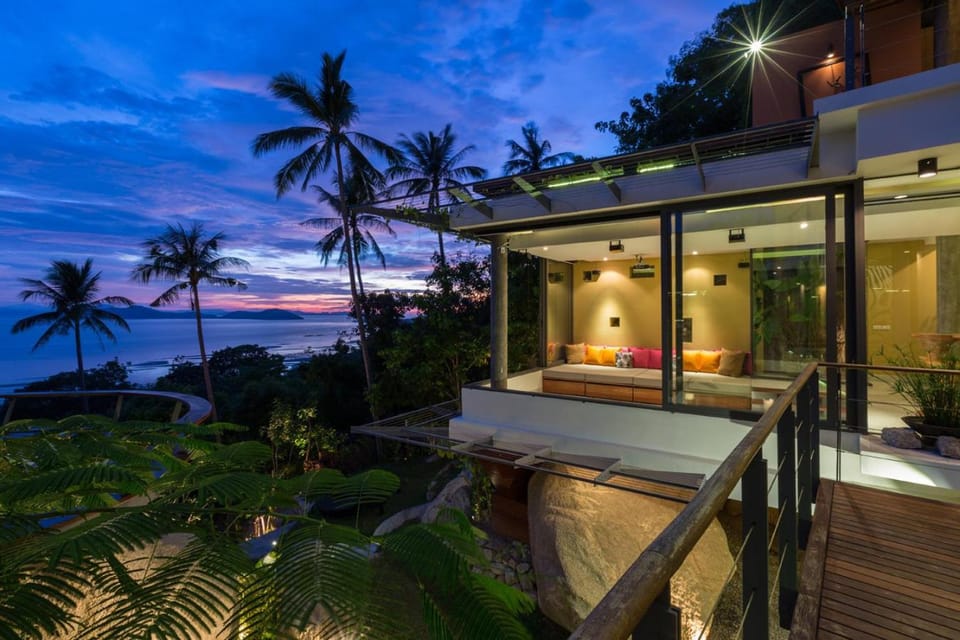 Property building, Night, Natural landscape, Garden, View (from property/room), Balcony/Terrace, Seating area, Garden view, Sea view, Sunset