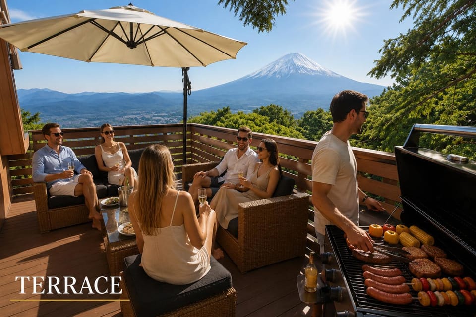 Nearby landmark, Communal lounge/ TV room, Day, People, Natural landscape, BBQ facilities, View (from property/room), Balcony/Terrace, Food and drinks, Evening entertainment, Food, Mountain view, group of guests