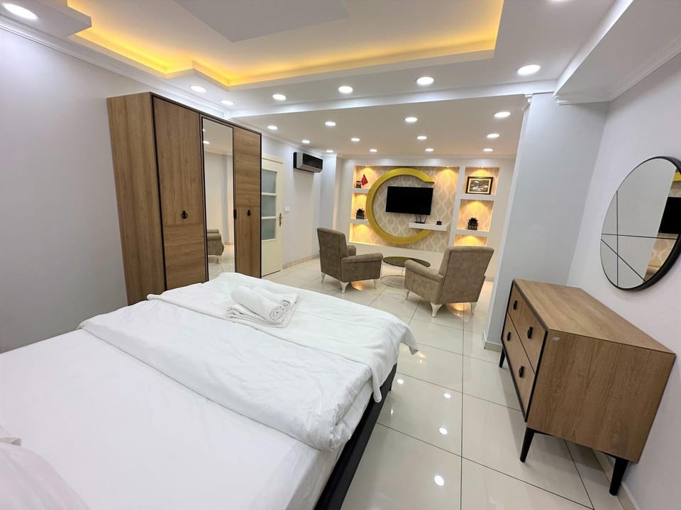 Bed, wardrobe