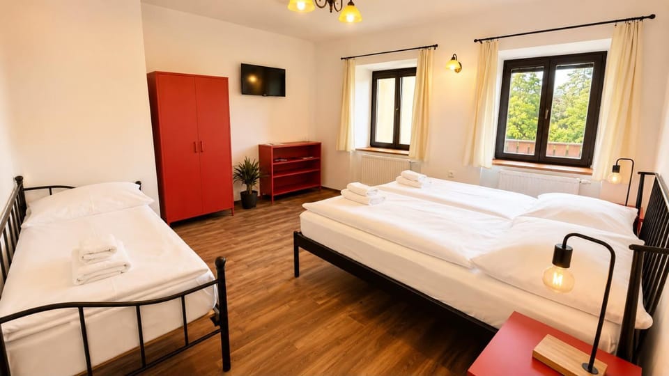 Bed, wardrobe