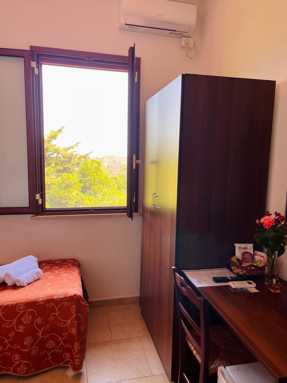 Bed, wardrobe