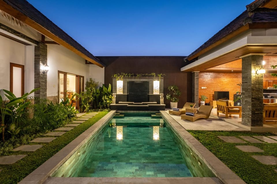 Property building, Night, Garden, Seating area, Swimming pool
