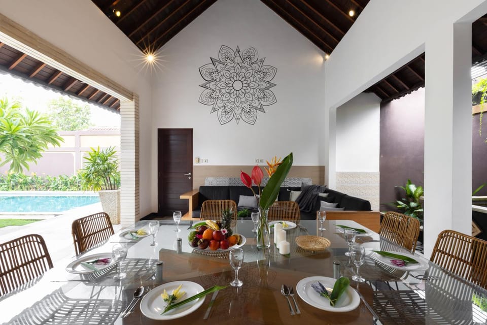 Living room, Seating area, Dining area, Garden view, Pool view