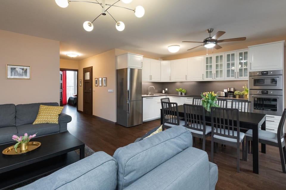 Kitchen or kitchenette, Living room, Seating area, Dining area