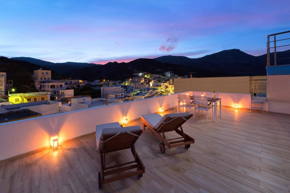 Property building, Patio, Night, Natural landscape, View (from property/room), Balcony/Terrace, Mountain view, sunbed