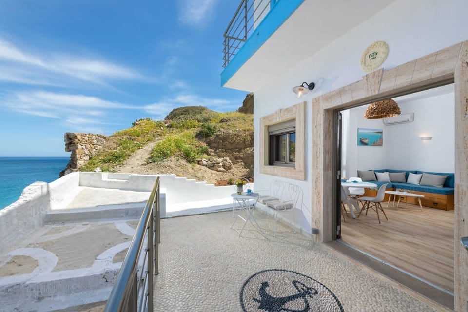 Property building, Patio, Day, Natural landscape, View (from property/room), Balcony/Terrace, Living room, Seating area, Dining area, Sea view