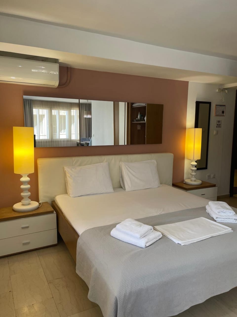 Bed, Photo of the whole room, Bedroom, towels, air conditioner