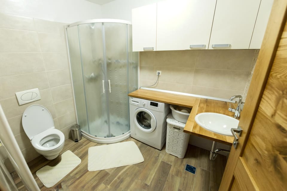Shower, Toilet, Bathroom, towels, washing machine