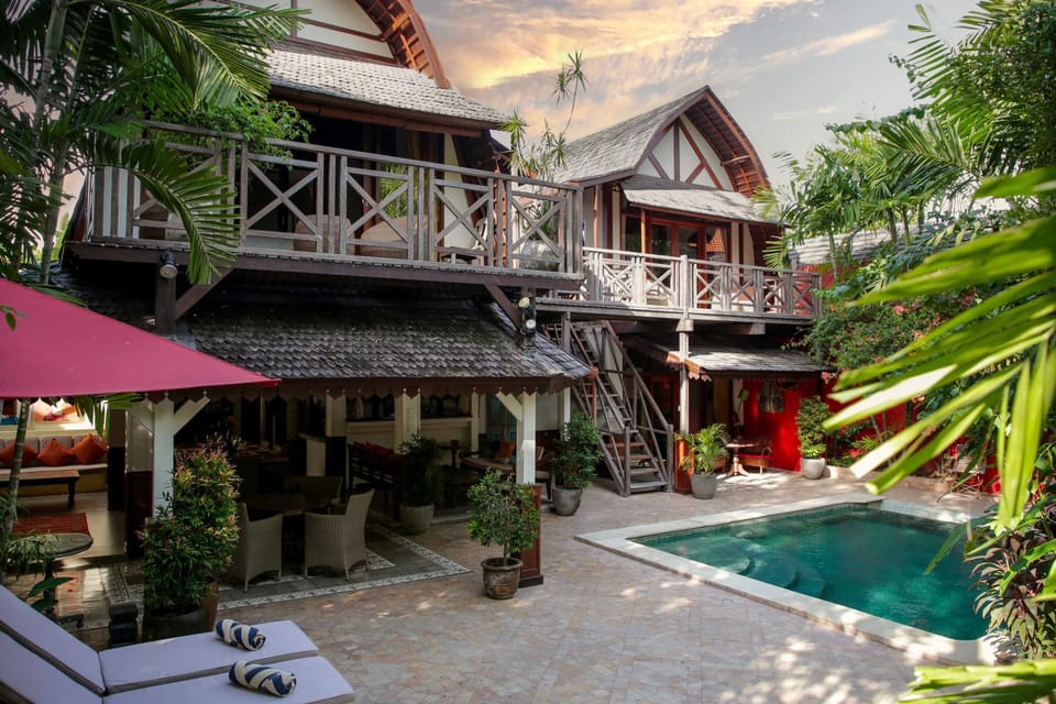 Property building, Patio, Natural landscape, Garden, Garden view, Pool view, Swimming pool
