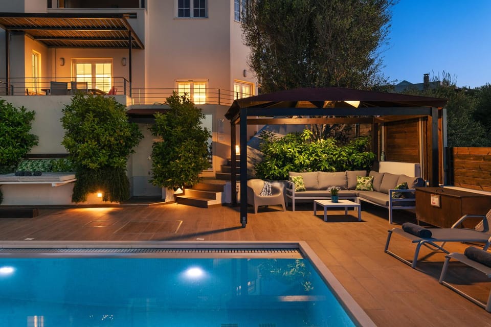 Property building, Night, Garden, Seating area, Garden view, Pool view, Swimming pool, sunbed
