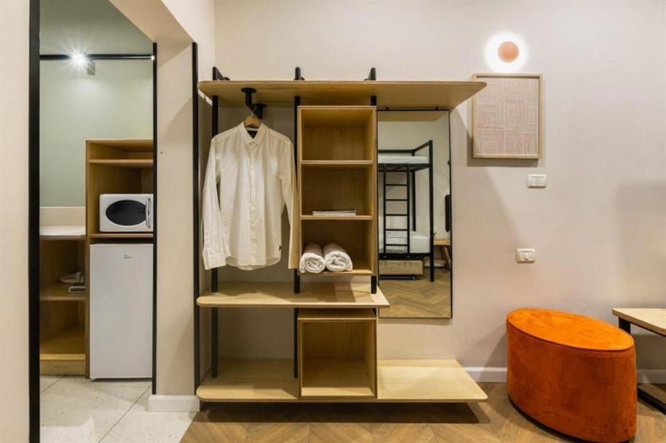 Bed, Bathroom, Photo of the whole room, Bedroom, towels, wardrobe, dryer