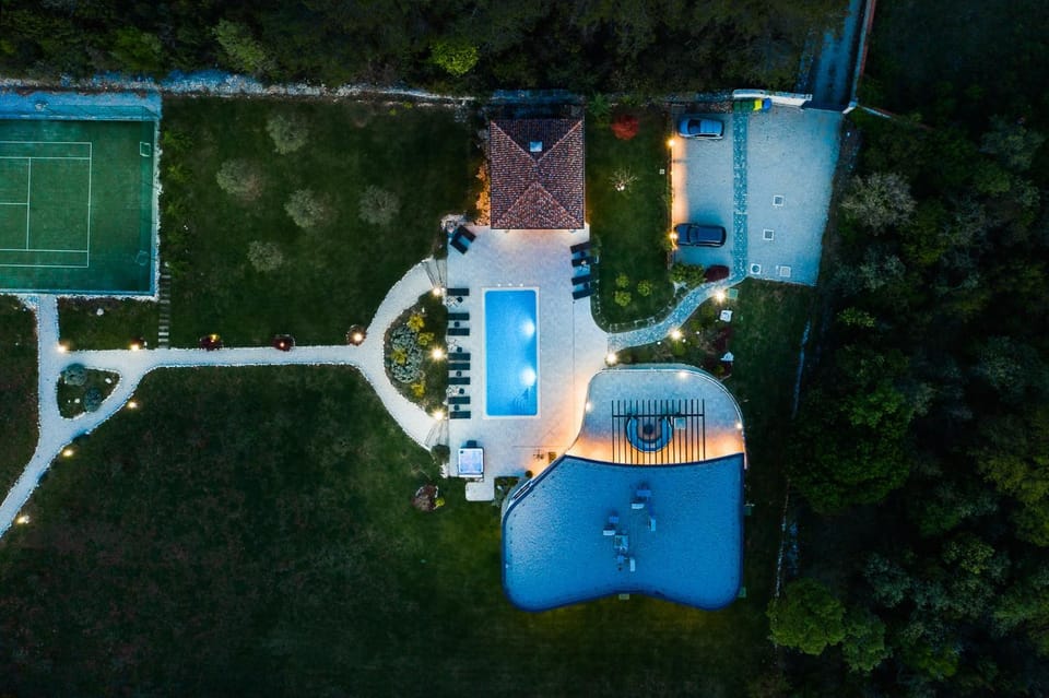 Property building, Night, Natural landscape, Bird's eye view, Tennis court, Pool view