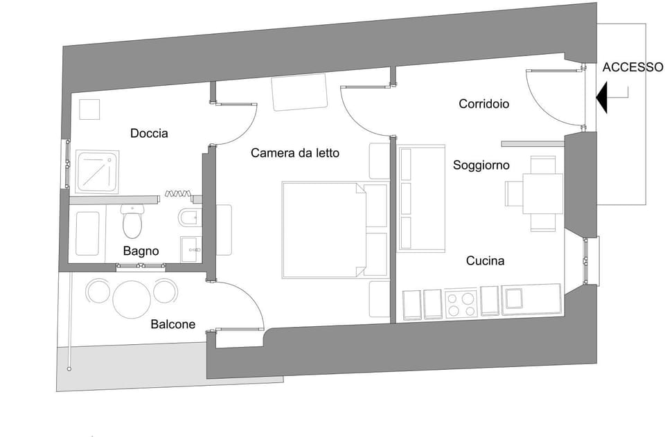 Shower, Bathroom, TV and multimedia, Balcony/Terrace, Kitchen or kitchenette, Living room, Decorative detail, Floor plan, Dining area, Bedroom