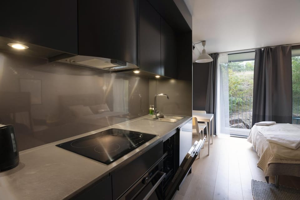 Kitchen or kitchenette, stove