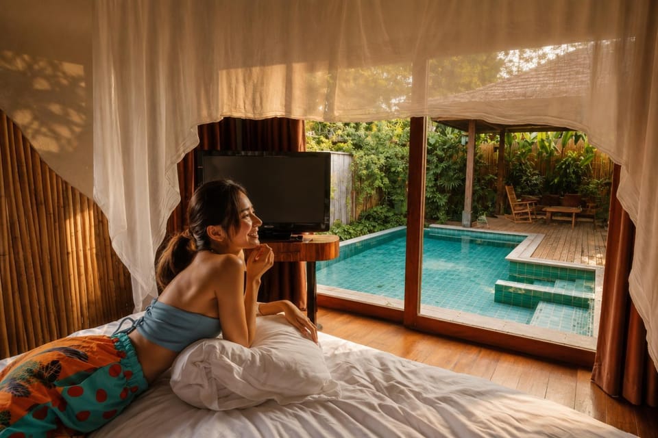 Communal lounge/ TV room, TV and multimedia, Photo of the whole room, Evening entertainment, Bedroom, Pool view, Swimming pool, group of guests, sunbed