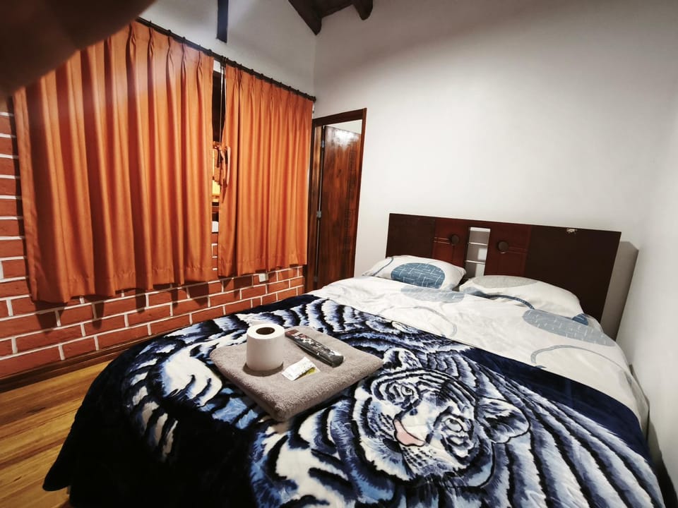 Bed, towels, wardrobe