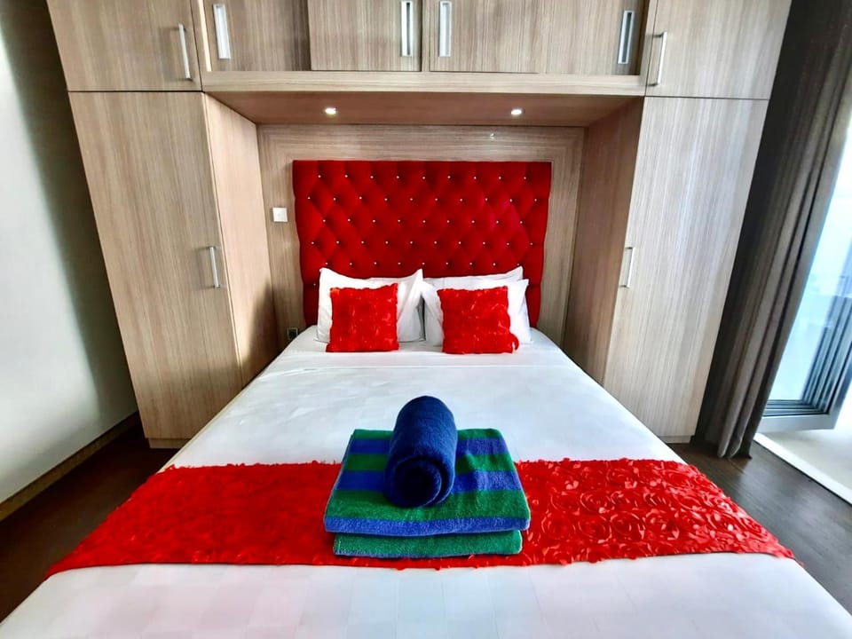 Bed, wardrobe