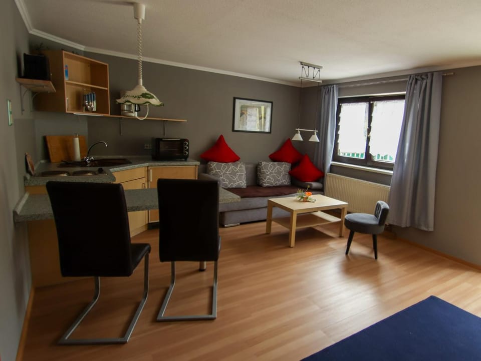 Kitchen or kitchenette, Living room, Seating area, Dining area