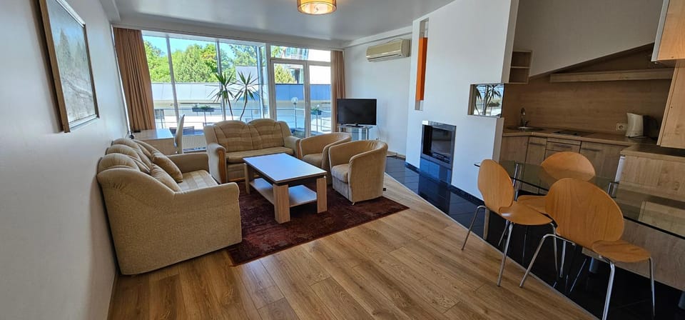 Kitchen or kitchenette, Living room, Seating area, Dining area