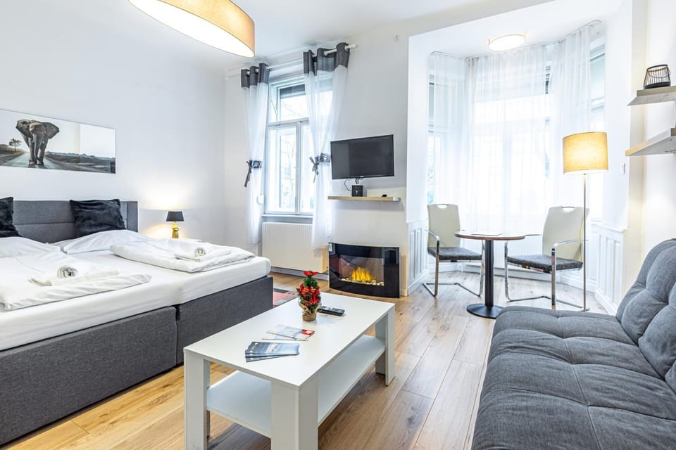 Bed, Living room, Seating area