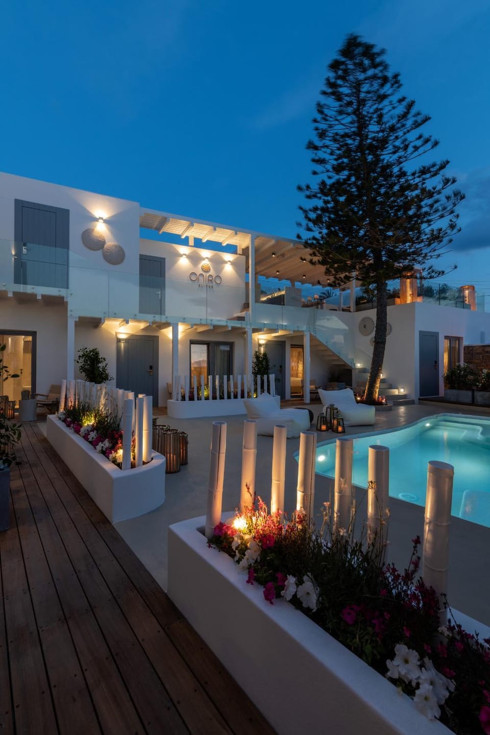 Property building, Facade/entrance, Night, Balcony/Terrace, Balcony/Terrace, Swimming pool, Swimming pool