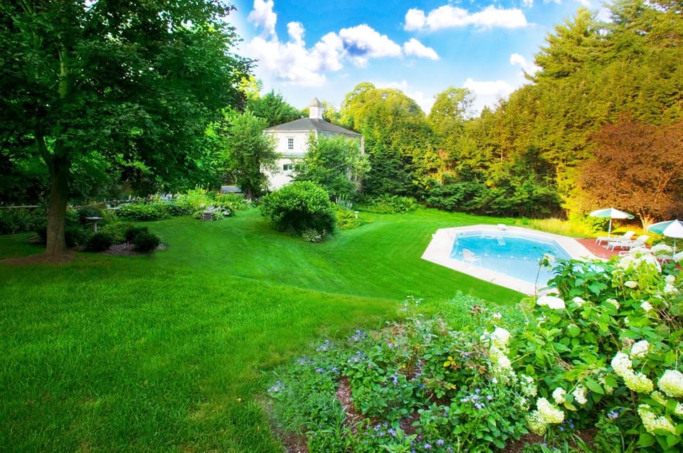 Spring, Day, Natural landscape, Garden, View (from property/room), Garden view, Pool view, Swimming pool
