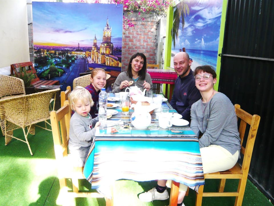 Dining area, American breakfast, group of guests, Family