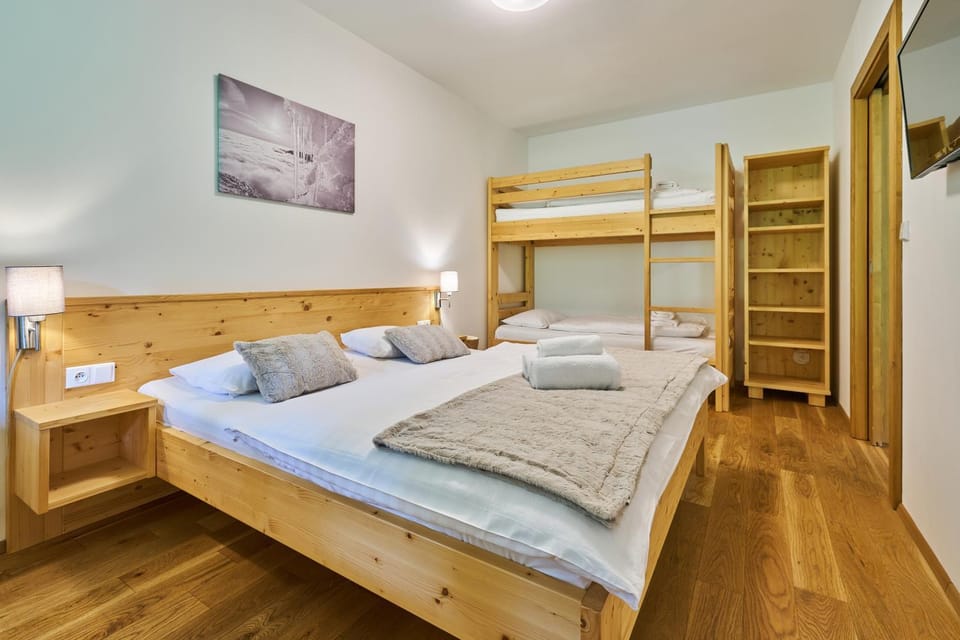 Bed, Photo of the whole room, Bedroom, bunk bed, towels, wardrobe