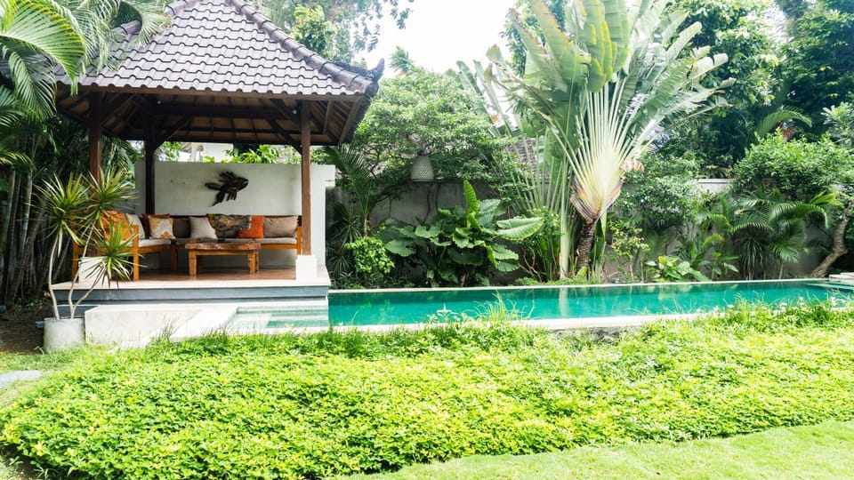 Property building, Patio, Day, Natural landscape, Garden, Garden view, Pool view, Swimming pool