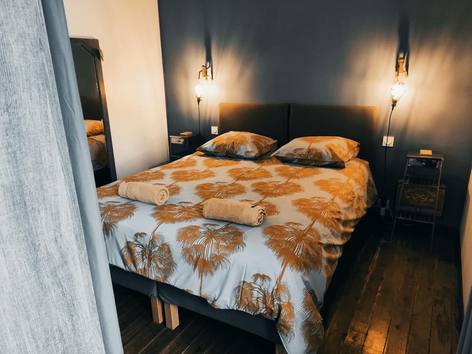 Bed, Night, Photo of the whole room, Bedroom, fireplace, towels
