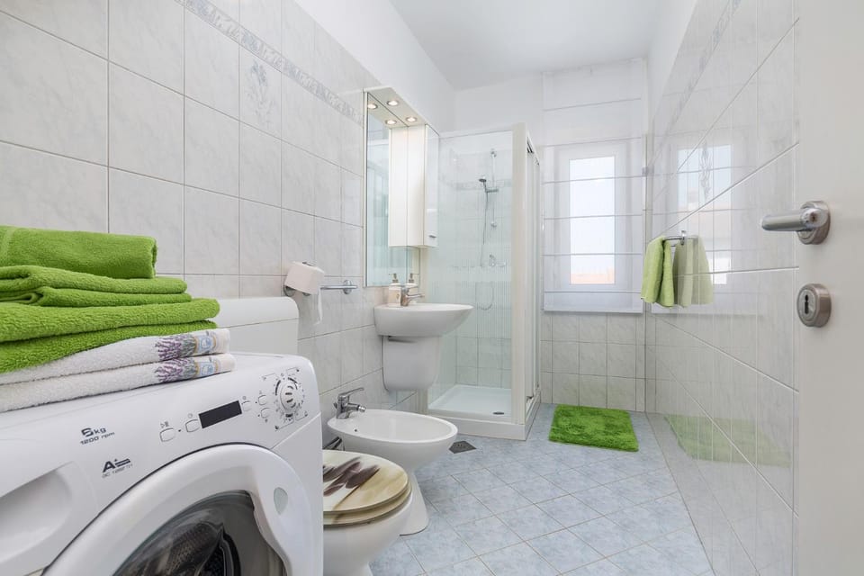Shower, Toilet, Bathroom, bidet, towels, washing machine