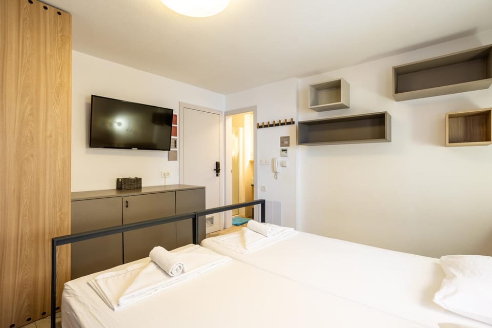 Bed, TV and multimedia, Photo of the whole room, Decorative detail, Bedroom, towels, wardrobe, air conditioner