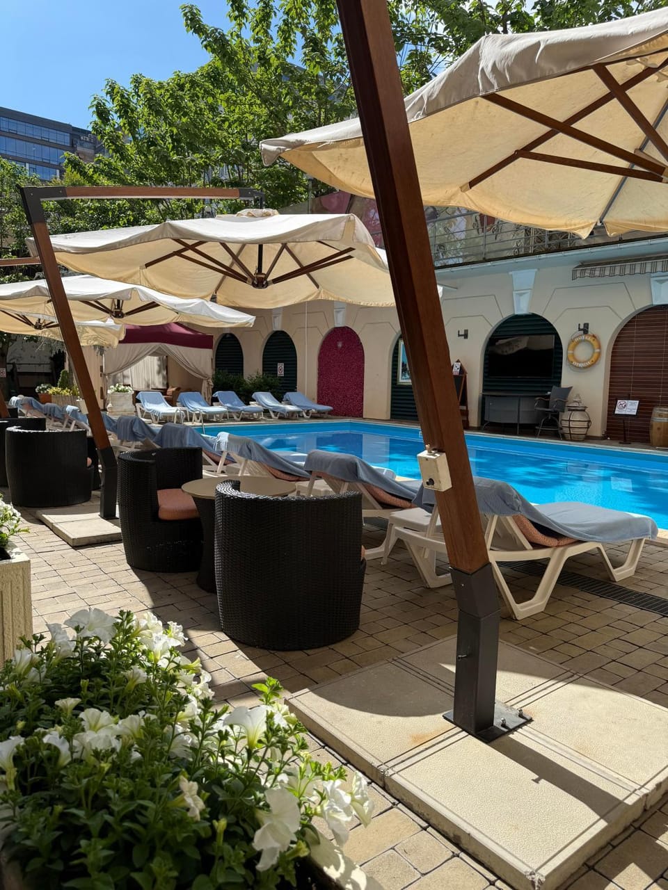 Summer, Swimming pool, Inner courtyard view, sunbed