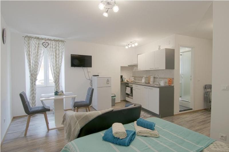 Bed, TV and multimedia, Kitchen or kitchenette, Living room, Photo of the whole room, Bedroom, towels