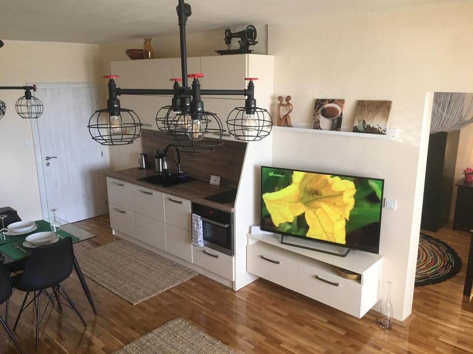 TV and multimedia, Coffee/tea facilities, Kitchen or kitchenette, Living room, Photo of the whole room, Seating area