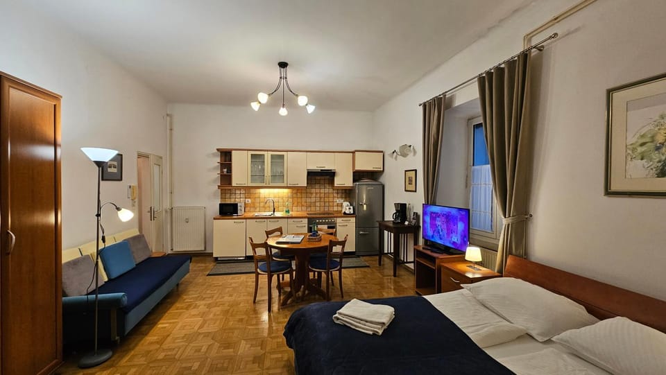 Bed, TV and multimedia, Living room, Seating area, Dining area, Bedroom, stove, kitchen