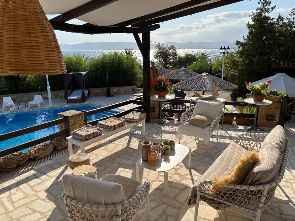Patio, Day, Natural landscape, View (from property/room), Balcony/Terrace, Living room, Seating area, Pool view, Swimming pool, sunbed