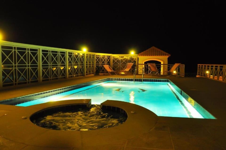 Night, Seating area, Swimming pool